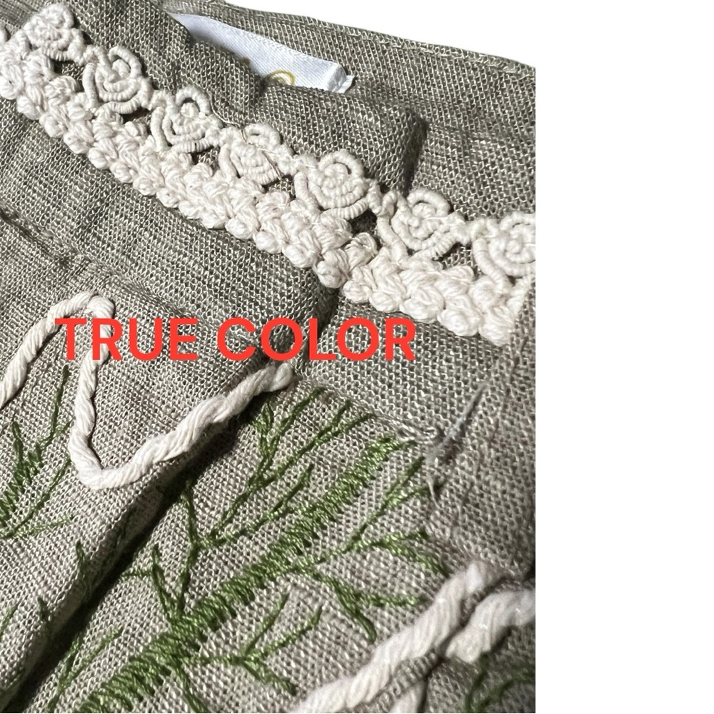 GALITA Olive linen embroidered with raised stitching jacket and pant set size L - Picture 6 of 9